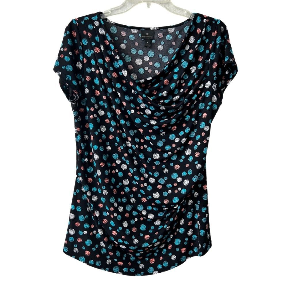 Worthington Black Stretchy Polka Dot Pattern Blouse Women’s Sz L